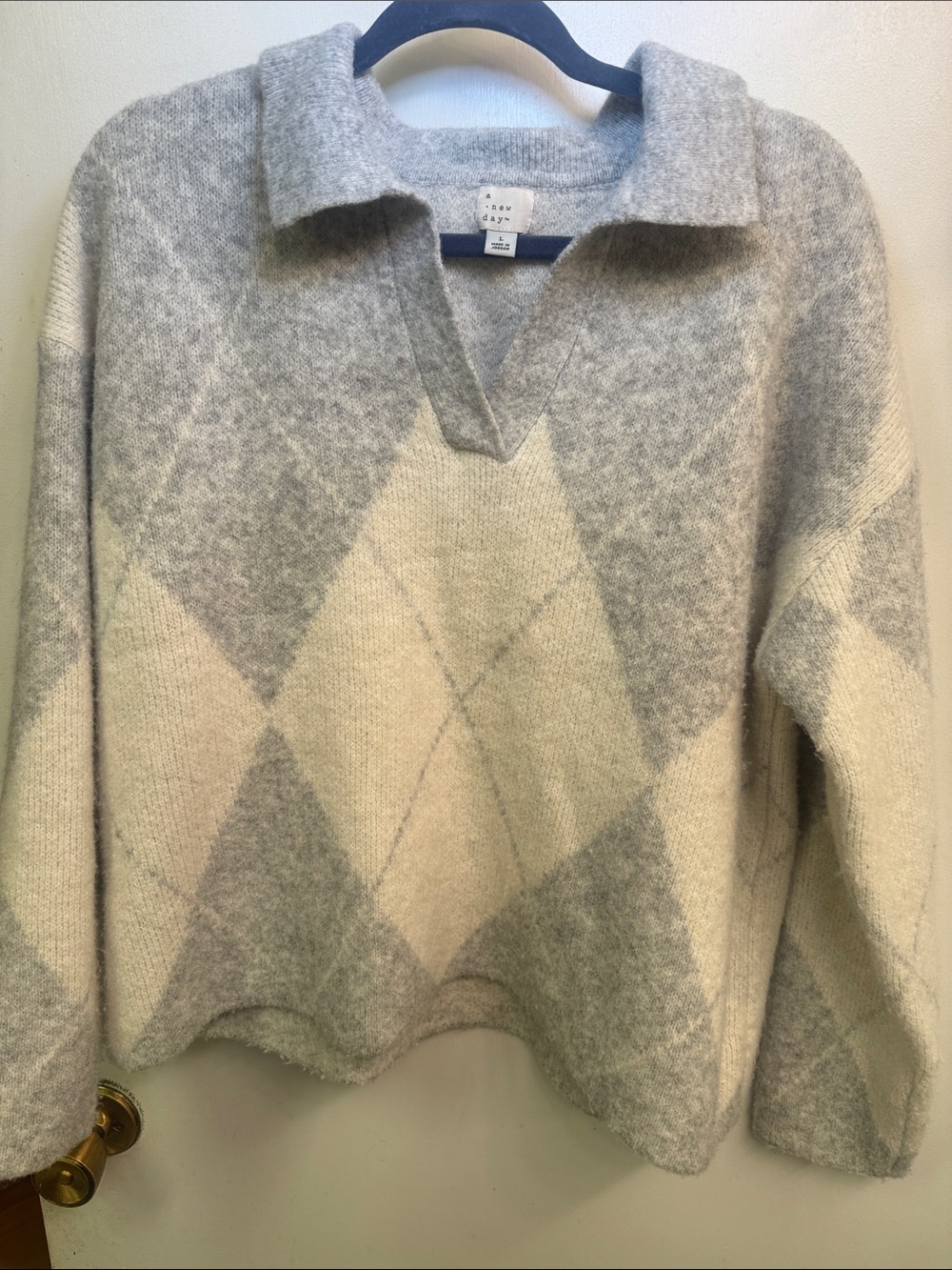 a new day Gray & Cream Argyle Collared Pullover Sweater